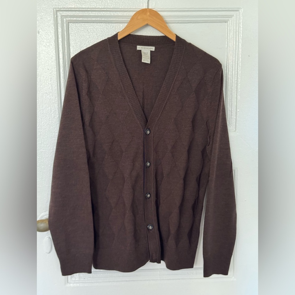 GAP Men's Brown Merino Wool Argyle Cardigan Sweater- small